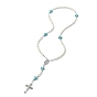 Colliers de perles chapelet en pierres précieuses synthétiques mélangées, collier pendentif croix en alliage