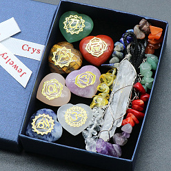 7 Chakras Heart-Shaped Healing Crystals Set, with Engraved Symbols Necklace Chakra Stones Bracelet, for Spiritual Meditation