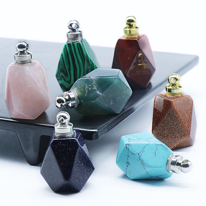 Natural & Synthetic Gemstone Perfume Bottle Perfume Bottle Pendants, with Alloy Findings, for Essential Oil, Perfume, Polygon Bottle