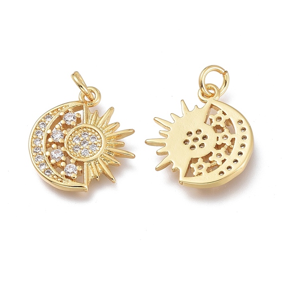 Brass Micro Pave Clear Cubic Zirconia Pendants, with Jump Rings, Long-Lasting Plated, Moon & Sun