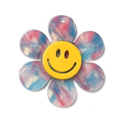 Gros pendentifs en acrylique bicolore, fleur avec le visage souriant