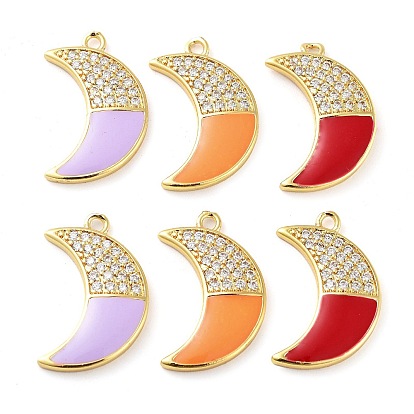 Brass Micro Pave Clear Cubic Zirconia Pendants, with Enamel, Real 18K Gold Plated, Moon Charm