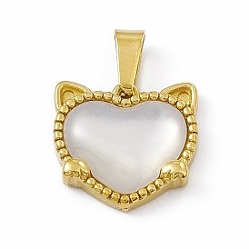Natural Shell Heart Charms with Cat Ear, with Vacuum Plating 304 Stainless Steel Findings