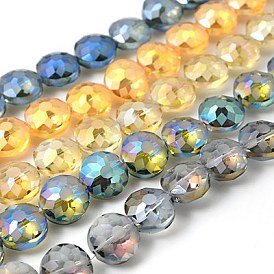 Electorplated Glass Beads, Rainbow Plated, Faceted, Flat Round, 14x9mm, Hole: 1mm