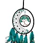 Iron Woven Web/Net with Feather Pendant Decorations, with Plastic,  Synthetic Turquoise & Wood Beads, Covered with Leather and Brass Cord, Flat Round with Tree of Life & Moon
