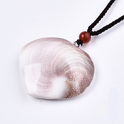 Colliers à pendentif fossile de coquillage naturel, colliers coulissants, avec des cordons en polyester de couleur aléatoire, cœur
