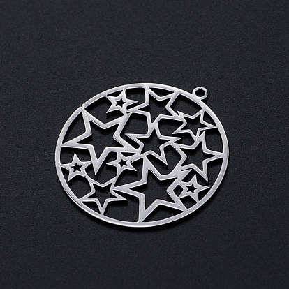 201 Stainless Steel Filigree Charms, Flat Round with Star