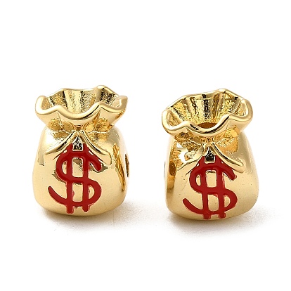Rack Plating Real 18K Gold Plated Brass Enamel Beads, Cadmium Free & Lead Free, Money Bag with Dollar Sign