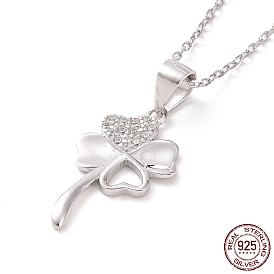 Sterling Silver Clover Pendant Necklace with Clear Cubic Zirconia for Women