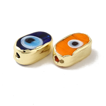 Handmade Evil Eye Lampwork Beads, with Brass Findings, Lead Free & Cadmium Free, Long-Lasting Plated, Oval