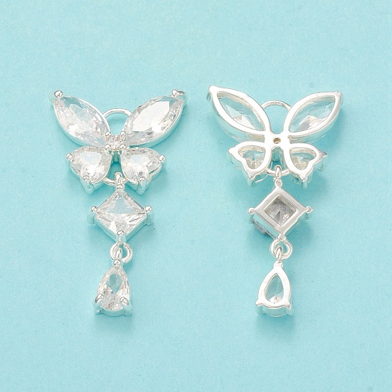 Clear Glass Pendnants, with Brass Findings, Butterfly Charms