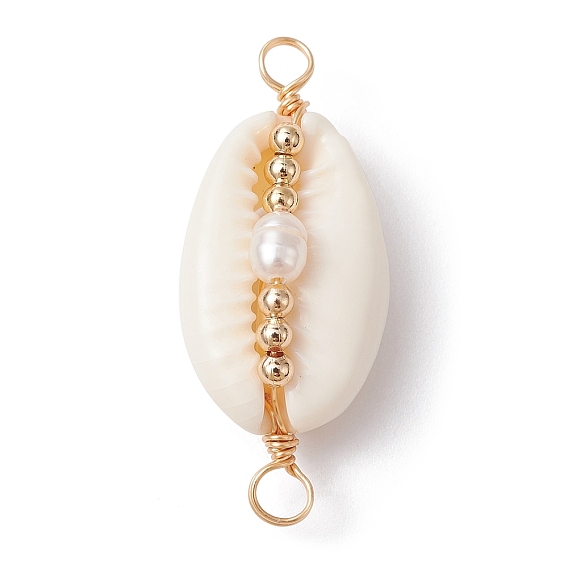 Encantos de conector envueltos en alambre de cobre de concha natural, Con perlas naturales cultivadas en agua dulce.