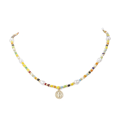 Brass Saint Benedict Pendant Necklace, Glass Seed & Acrylic Pearl Beaded Necklace for Women