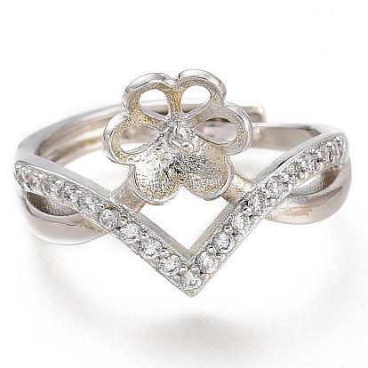 Componentes del anillo de dedo de bronce ajustable, con micro allanar zirconia cúbico, por medio perforó perlas, larga duración plateado, flor