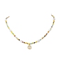 Brass Saint Benedict Pendant Necklace, Glass Seed & Acrylic Pearl Beaded Necklace for Women