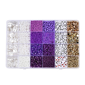 DIY 24 Style Acrylic & ABS Beads Jewelry Making Finding Kit, Flat Round & Star & Barrel & Round & Heart & Strip & Rhombus