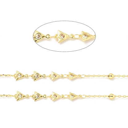 Rack Plating Brass Triangle Link & Satellite Chains, with Clear Cubic Zirconia, Long-Lasting Plated, Soldered, with Spool, Cadmium Free & Lead Free