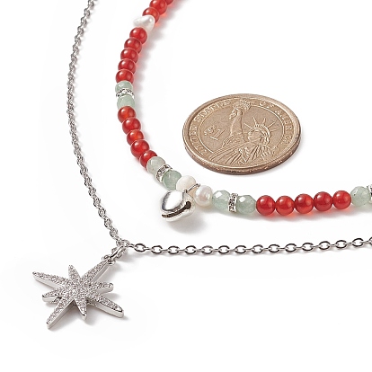 2 pcs 2 ensemble de colliers pendentif étoile en zircone cubique claire de style, colliers empilables de perles d'agate rouge naturelle et d'aventurine verte et de perles pour femmes