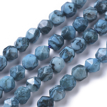 Natural China Silver Leaf Jasper Beads Strands, Dyed & Heated, Star Cut Round Beads, Faceted, Light Sky Blue