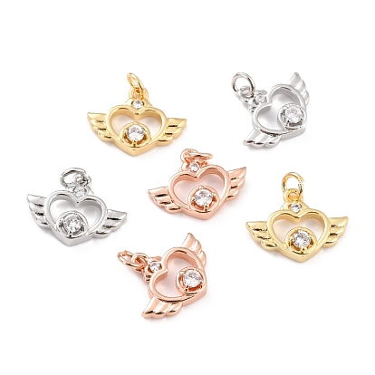 Brass Micro Pave Cubic Zirconia Pendants, with Jump Rings, Long-Lasting Plated, Cadmium Free & Lead Free, Heart with Wings