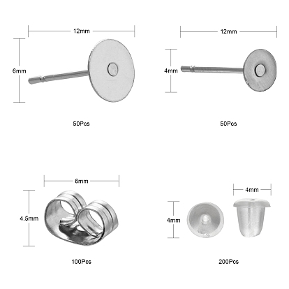 DIY Earring Making Kits, 100Pcs Stainless Steel Flat Round Blank Peg Stud Earring Findings, 200Pcs Stainless Steel & Plastic Ear Nuts