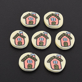 Handmade Polymer Clay Cabochons, Flat Round with House