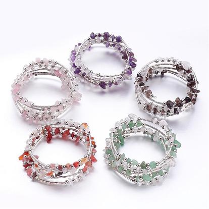 Five Loops Wrap Gemstone Beads Bracelets, with Crystal Chips Beads and Iron Spacer Beads