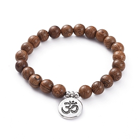 Unisex Wood Beads Stretch Charm Bracelets, with 304 Stainless Steel Beads and Tibetan Style Alloy Pendants, Flat Round with Ohm