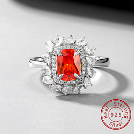 Rhodium Plated Sterling Silver Flower Finger Ring, with Orange Red Cubic Zirconia, with 925 Stamp