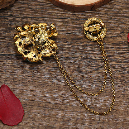 Creative Camellia Retro Alloy Hanging Chain Brooch, Rhinestone Jewelry for Men's Suit Collar Accessory