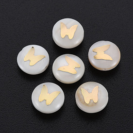 Perles de coquillages naturels d'eau douce, avec des ornements en métal en laiton doré, plat et circulaire avec papillon