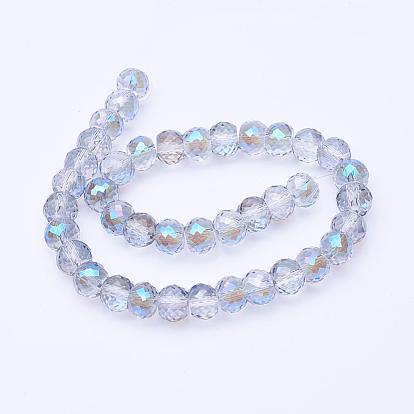 Electroplate Transparent Glass Beads Strands, Half Rainbow Plated, Faceted, Drum