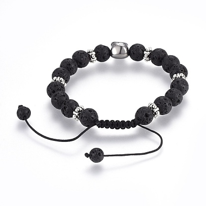 Adjustable Natural Lava Rock Braided Bead Bracelets, with Stainless Steel Beads and Tibetan Style Spacer Beads, Skull