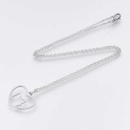 201 Stainless Steel Kitten Pendant Necklaces, with Cable Chains, Hollow Heart with Cat Head