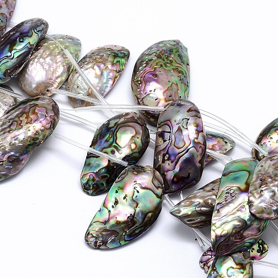 Natural Paua Shell Shell Beads Strands, Nuggets, 10~22x24~50x4~9mm, Hole: 1mm, about 10pcs/strand, 15.7 inch