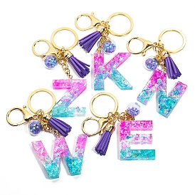 Resin Keychains, Tassel Keychain, Glass Ball Keychain, with Light Gold Tone Plated Iron Findings, Alphabet