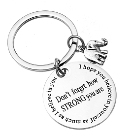 Stainless Steel Flat Round with Word Dont forget Strong Pendant Keychains, with Key Ring and Elephant Charm, for Bag Car Key Pendant Decoration