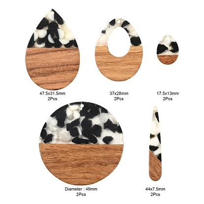 10Pcs 5 Style Resin & Walnut Wood Pendants, Flat Round & Teardrop with Spot