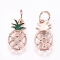 Brass Enamel Charms, with Micro Pave Cubic Zirconia and Jump Rings, Pineapple