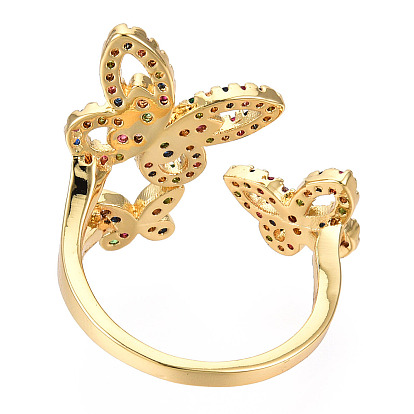 Cubic Zirconia Triple Butterfly Open Cuff Rings, Real 18K Gold Plated Brass Wide Ring for Women, Nickel Free