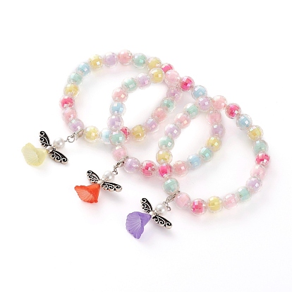 Bracelets extensibles en acrylique avec breloque ange gardien pour enfants, avec des perles en alliage et fermoirs pince de homard, Perle en bourrelet, argent antique et platine