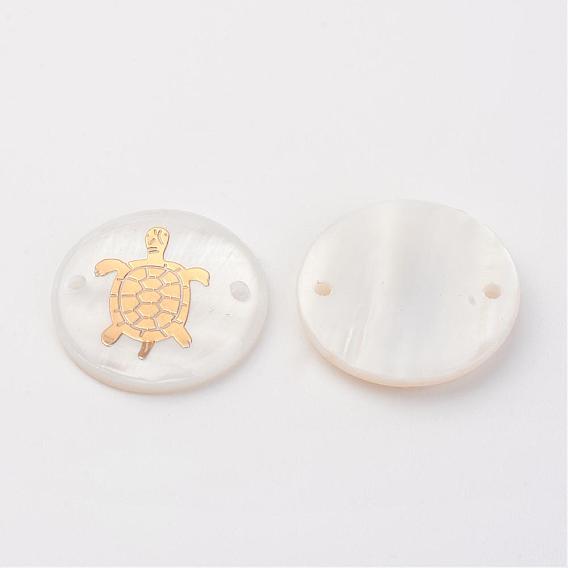 Freshwater Shell Links Connectors, Flat Round with Gold Blocking Tortoise