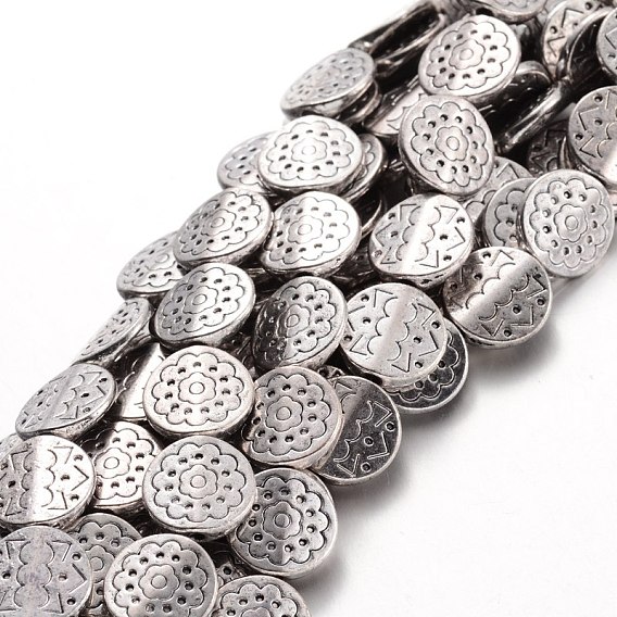Tibetan Style Alloy Flat Round Bead Strands, Cadmium Free & Nickel Free & Lead Free, 11x3mm, Hole: 1mm, about 18pcs/strand, 7.8 inch