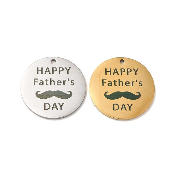 Father's Day Theme 304 Stainless Steel Pendants, Flat Round with Word Happy Father's Day & Beard