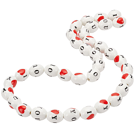 BENECREAT Handmade Porcelain Ceramic Beads Strands, Printed, Oval with Heart & Word