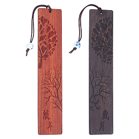 PandaHall Elite 2Pcs 2 Colors Tree of Life Engraved Wood Bookmark for Book Lover, Vintage Rectangle Bookmark with Chinese Character and Tassel