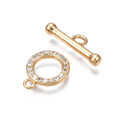 Brass Micro Pave Clear Cubic Zirconia Toggle Clasps, Nickel Free, Ring