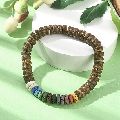 Dyed Natural Lava Rock & Coconut Rondelle Beaded Stretch Bracelet