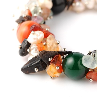 Natural Gemstone Chips Bracelets, with Pearl Beads, Alloy Lobster Claw Clasps and Iron End Chains, 190x14mm