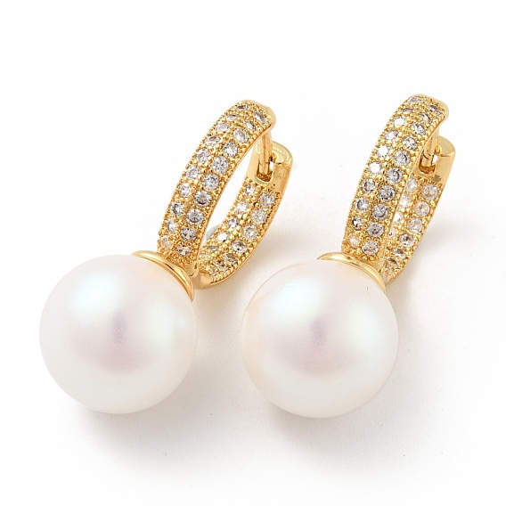 Boucles d'oreilles créoles perlées en acrylique rondes avec zircone cubique transparente, bijoux en laiton pour femmes, sans cadmium et sans nickel et sans plomb
